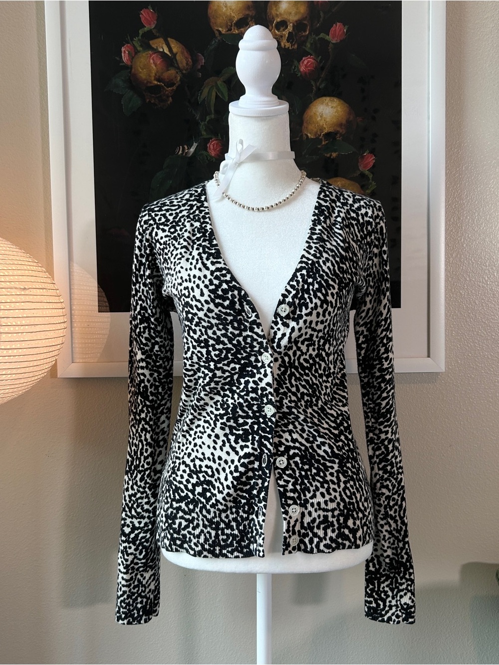Merona Black Cream Leopard Print Knit Button Cardigan Sweater V-Neck S